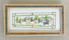 ORIENTAL OLD MINIATURE HAND PAINTING ON YELLOW MATERIAL HUNTING SCENE ORIG.FRAME