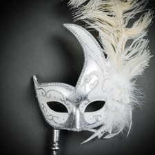 Venetian Luxury Women Masquerade Side Feather Mask with Stick - White Silver