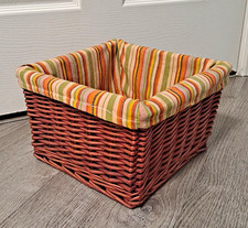 Square Wicker Storage Basket Bin Red Brown Boho Decor Stripe Fabric Liner 11x11