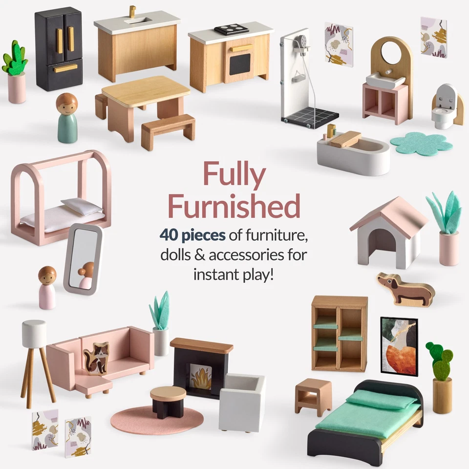 Pretend Play Wooden Doll House w/ 40 Accessories, Modern Toy Playset - Image 3 of 4