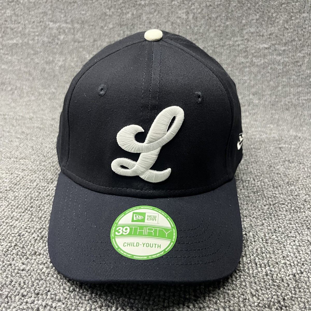 New Era 39THIRTY Youth Hat Navy Blue Script L Raised Embroidery Stretch Fit Cap