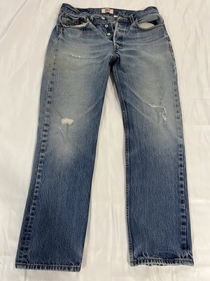 Men s Levi's 501 Straight Leg Cotton Jeans Blue Denim Distressed Details 34x33