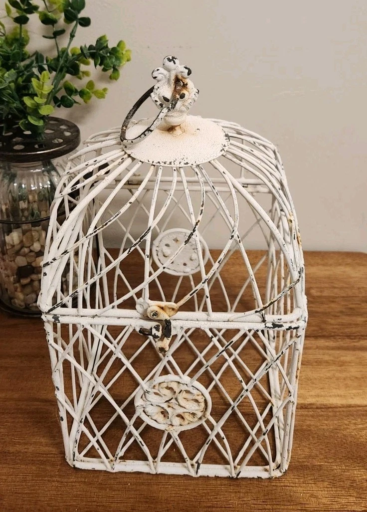 White Rustic Farmhouse Rusty Metal Bird Cage Decor Cottage Shabby-Chic 12"x7"x7"