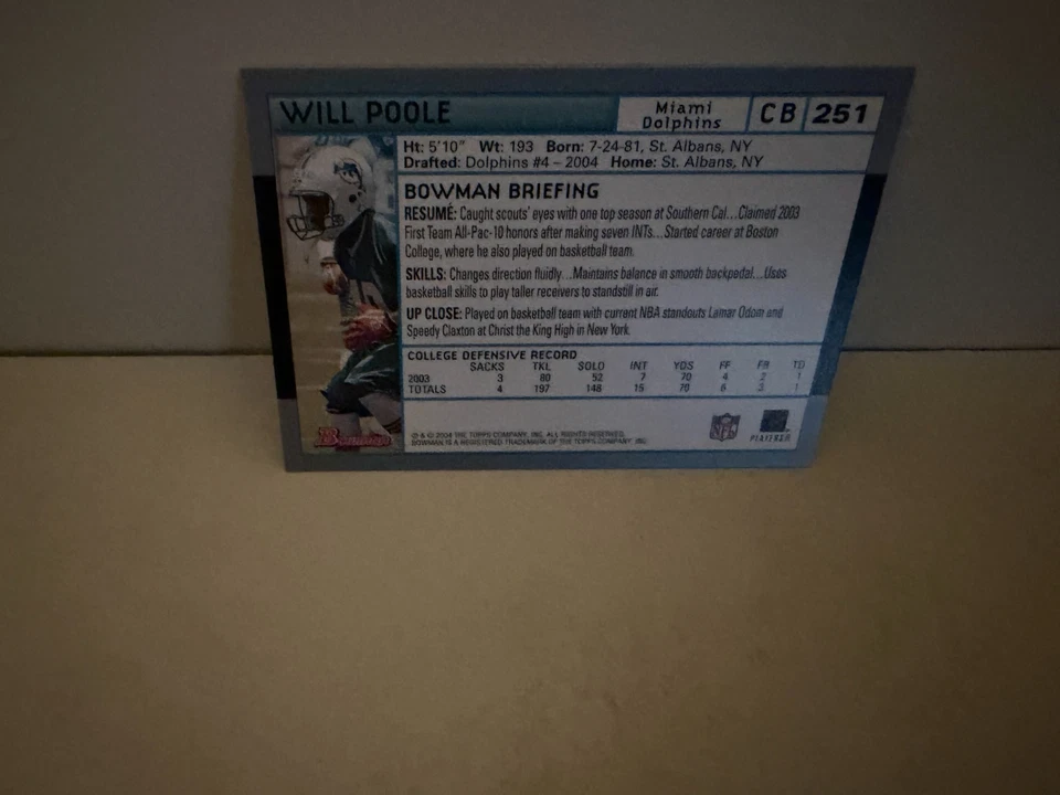 WILL POOLE 2004 Card Bowman #251 Rookie Rc MIAMI DOLPHINS USC NM - Image 2 of 2