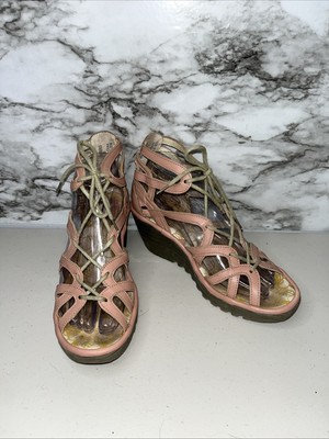 Fly London Yuke Lace Up Sandals 38 Pink Leather Wedge Gladiator