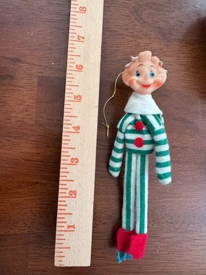 Vintage Christmas Pixie Elf Green White Striped Clothes Red Felt Shoes Ornament