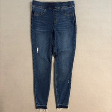 Spanx Distressed Denim skinny Jeans Medium Blue Wash Frayed Hem Pull On Jeans