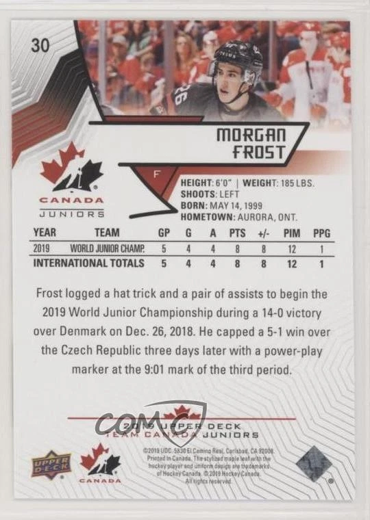 2019 Upper Deck Team Canada Juniors Blue Morgan Frost #30 Rookie RC - Image 2 of 2