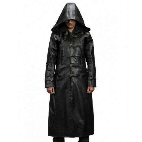 Men's Black Hooded Leather Trench Coat Long Gothic Steampunk Vintage Overcoat