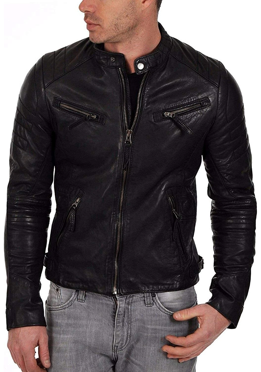 A1 Skin Fashion Lambskin Leather Biker Jacket in Black for Men's