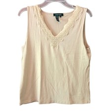 Women's Vintage Lauren Ralph Lauren Stretch Camisole Tank Tan w/lace L Pre-Owned
