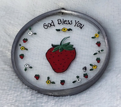 Round Strawberry Theme Sun Catcher God Bless You Medallion Ornament Glass Metal