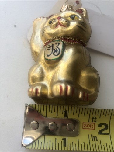 Blown glass Golden Lucky Cat ornament-gold, red, green, Chinese money symbol-NEW - Picture 6 of 6
