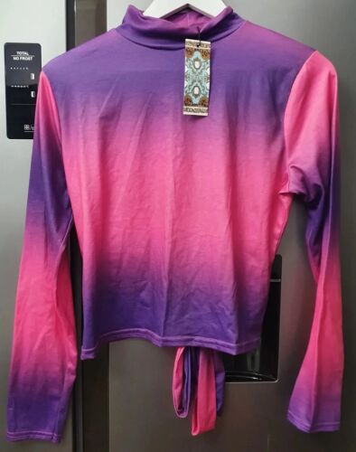 Boohoo Ombre Print Open Tie Back Top High Neck Long Sleeves UK16 XL Purple Pink - Picture 1 of 9