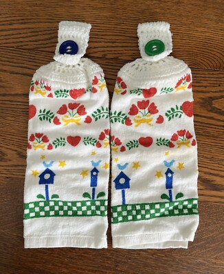 Set Of 2 CROCHET TOP KITCHEN TOWELS Hearts Home Birds Country Kitchen