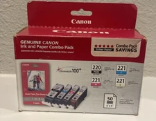 Canon 220 Black & 221 Tri Color Ink and 50 Ct. Glossy Photo Paper Combo Pack