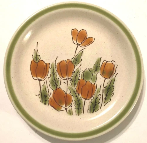 MEADOWBROOK Stoneware Vintage Japan Orange Poppies Salad Plate Green Ceramic 7.5