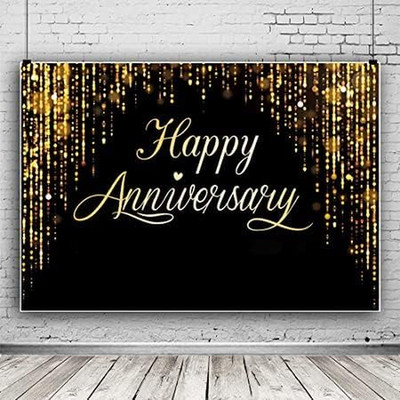 Happy Anniversary Backdrop Party Decorations, Black Gold Glitter Bokeh Dots Wedd