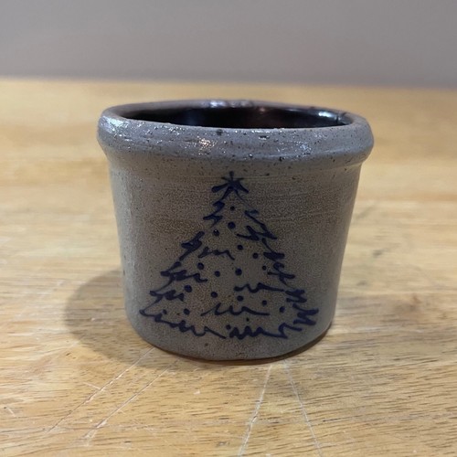 Vtg Primitive Salt Glaze Stoneware Christmas Tree Mini Crock Toothpick Holder HC