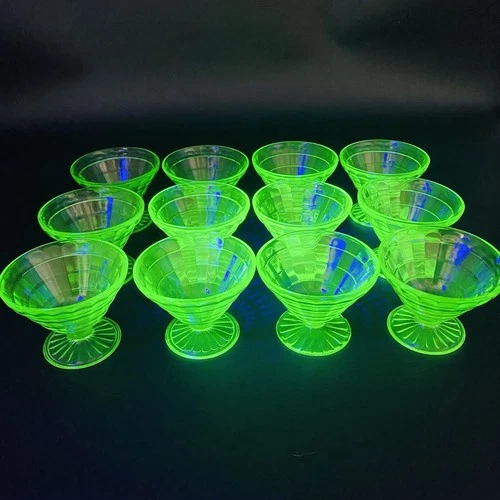 12 Uranium Green Block Optic Depression Glass Footed Sherbet Dessert Dish Bowl