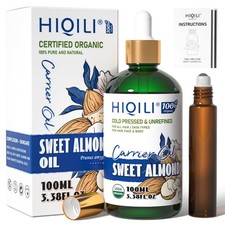 HIQILI Sweet Almond Oil – 100% Pure Organic Carrier Oil, Hexane Free, Unscented
