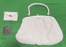 Vintage Corde' Bead Beaded Evening Handbag w/Coin Purse/ Mirror Off White