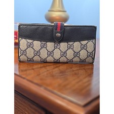 Vintage Gucci GG Canvas Sherry Line Wallet Black Leather Trim Italy Authentic