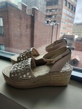Tory Burch Basketweave Espadrille Almond Flour Wedge Platform Sandal  Sz 9.5