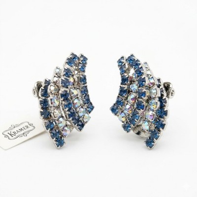 Vintage MCM Signet Kramer Blue & Aurora Borealis Rhinestone Clip-On Earrings