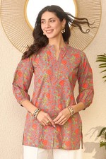 Indian Women Gray  Orange Cotton Floral Printed Top Tunic Kurta Kurti New Dress