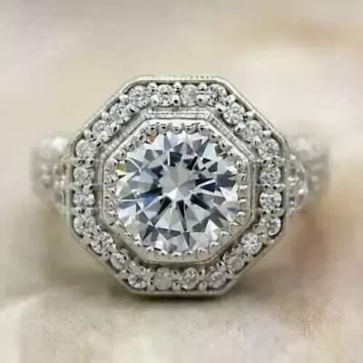 2Ct Art Deco Style Lab Created Diamond 14k White Gold Finish Engraving Halo Ring