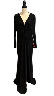 Mac Duggal Black Long Sleeve Wrap Front Side Beaded Fringe Gown Size 12 $398