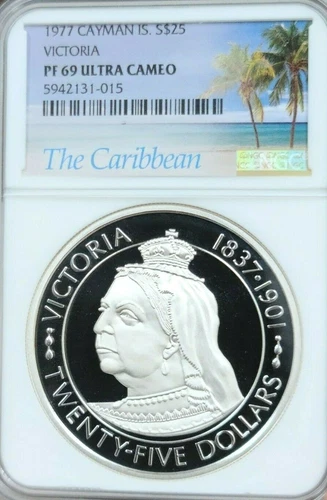 1977 CAYMAN ISLANDS SILVER 25 DOLLARS QUEEN VICTORIA NGC PF 69 ULTRA CAMEO TOP 