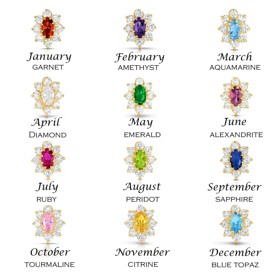 Pendientes colgantes de halo de flores de piedra de nacimiento ovalada de circonita cúbica de oro amarillo macizo real de 14K Foto 3 de 4