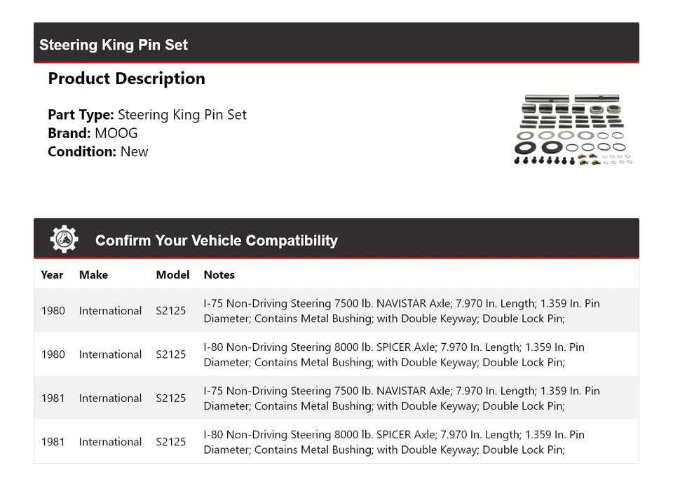 For 1980-1981 International S2125 Steering King Pin Set MOOG - Imagem 2 de 4