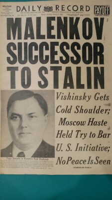 Vintage newspaper Malenkov successor to Stalin AMAZING HEADLINE Cold