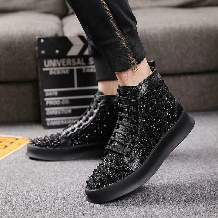 joyería camino algodón Mens punk Rivet Sequins shiny Lace Up Athletic Studded High Top Sneaker  Shoes | eBay