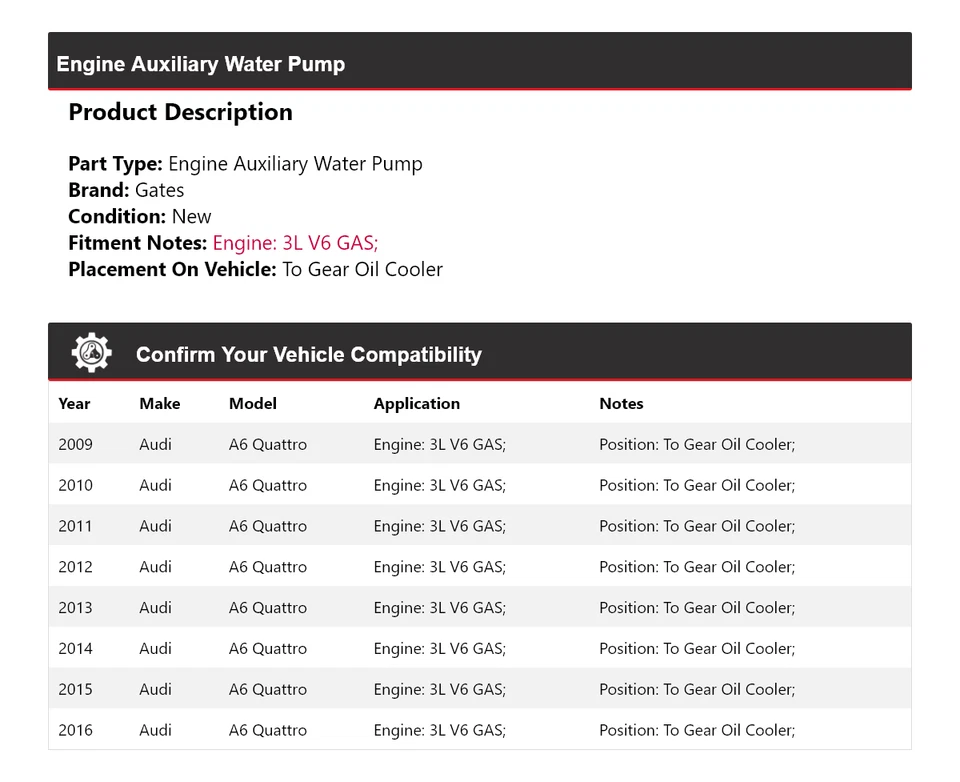 Ворота вспомогательного водяного насоса двигателя для Audi A6 quattro 2009-2016 годов выпуска 2010 2011 2012 годов выпуска - Изображение 2 из 4