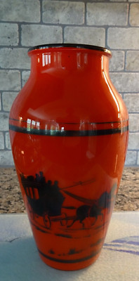 Bohemian Czech Red Tango Art Glass Black Courier & Ives Decoration Vase Horse
