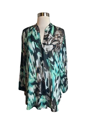 Caroline Rose Top L Abstract Print Semi Sheer Button Front Shirt