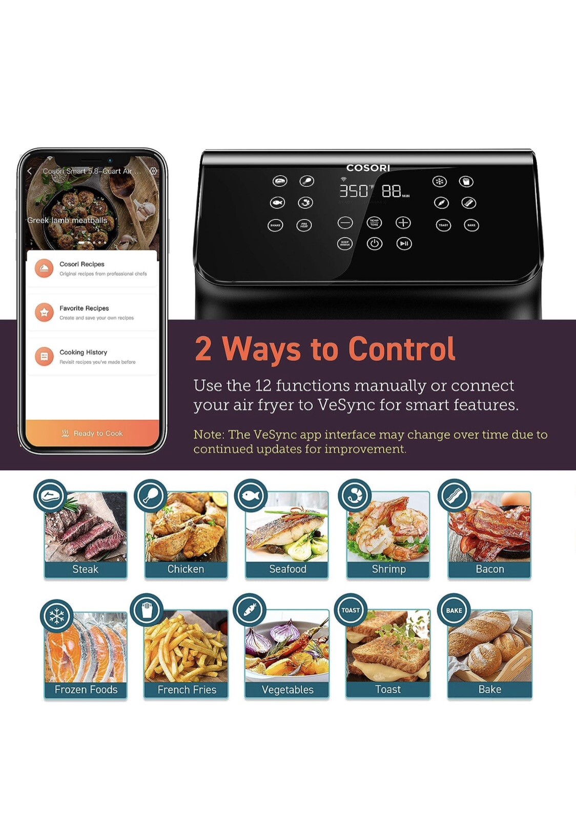 Cosori Smart Air Fryer100 Recipes 12in1 Large XL Oven With Upgrade 10