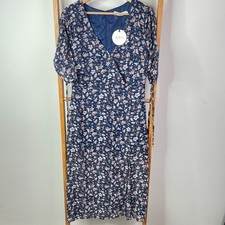 Atmos & Here Noah Dress Womens 12 Blue Floral Midi Faux Wrap Short Sleeve NWT
