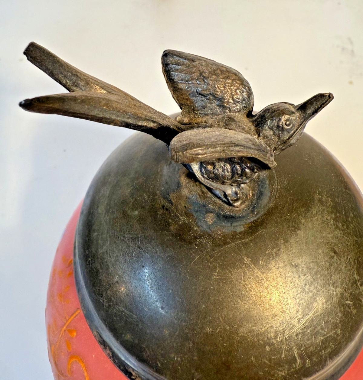 Vintage Victorian Pink Satin Glass Biscuit Jar Bird Finial Lid Enameled Floral