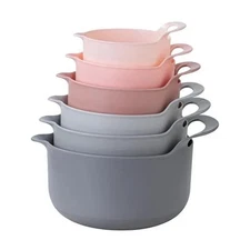 Nesting Plastic Mixing Bowl Set with Pour Spouts and Handles, Pink, 6 Piece