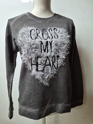 Frogbox Sweater grau Damen Gr. 40 M  flauschig Herz mit Spruch ''CROSS MY HEART''