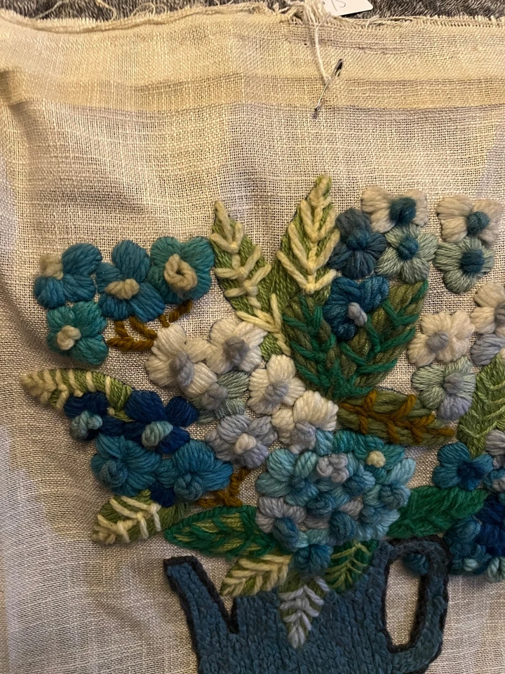 Vintage Finished Crewel Embroidery Water Can Planter Flowers Leaves Blue - Image 4 of 4
