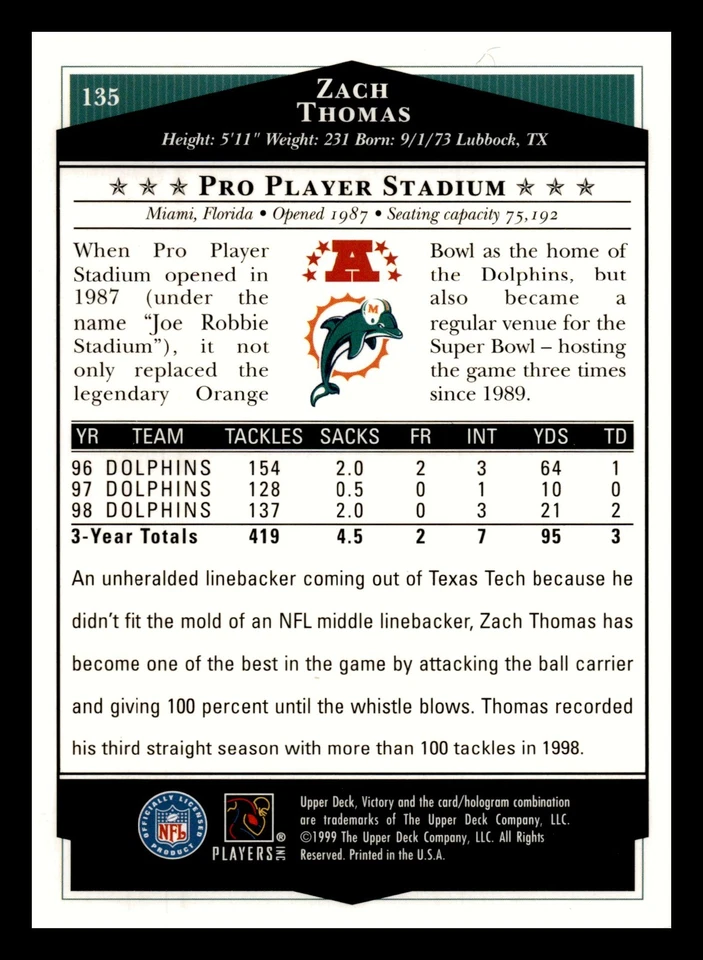 Zach Thomas 1999 Upper Deck Victory #135 Miami Dolphins NM-MINT - Image 2 of 2