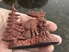 Red Metal ~ Moose in Trees ~ felt bottom ~ India ~ unique ~ vintage