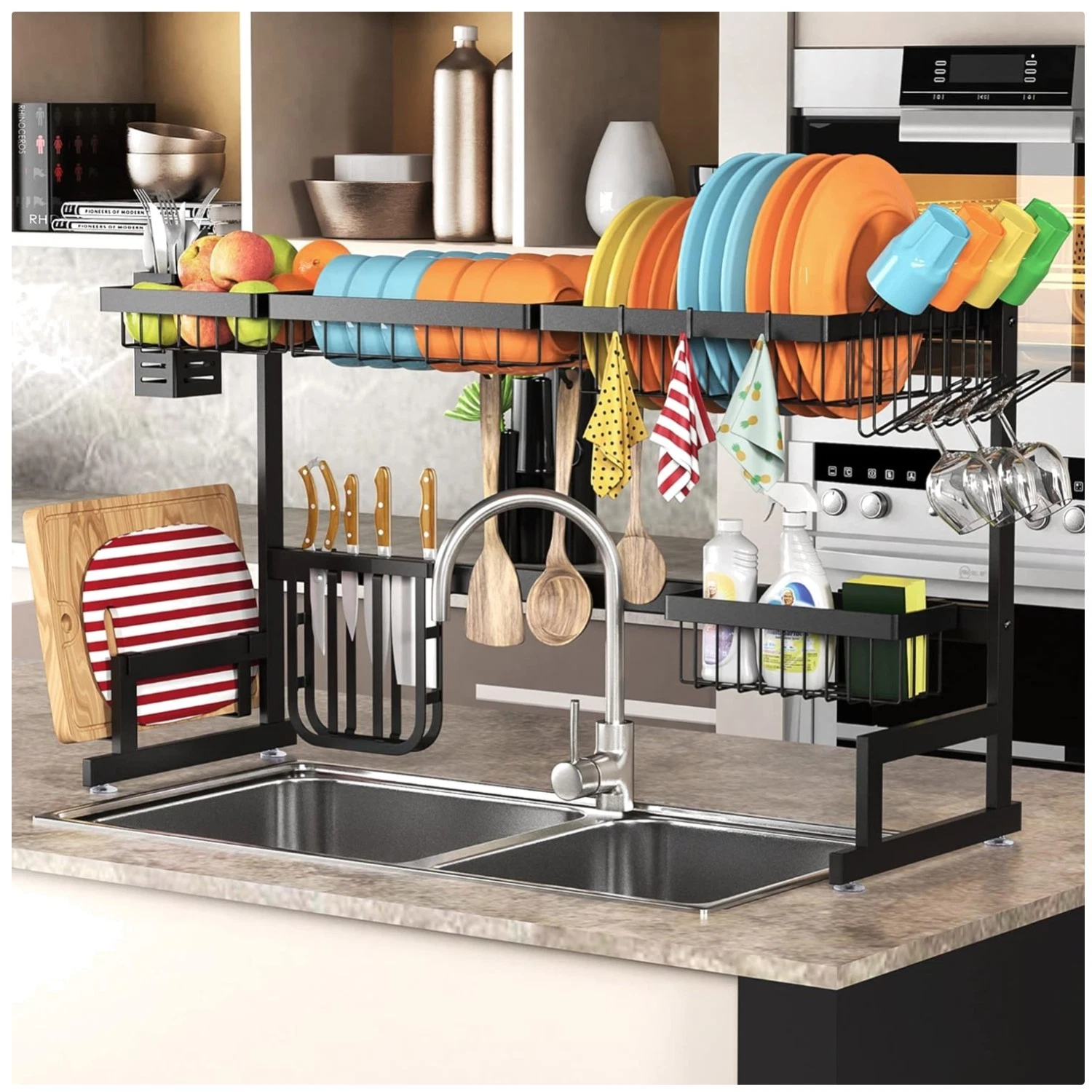 Adjustable 2-Tier Dish Rack, Utensil Holder, Space Saver