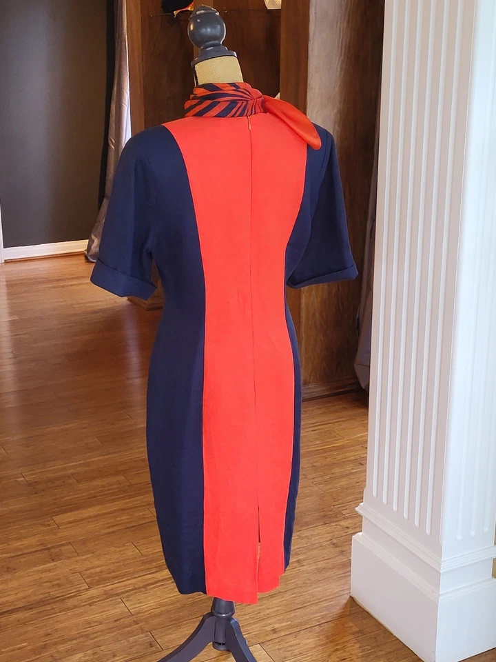 Vestido largo medio azul marino/rojo de lino de los años 80 talla 14 Foto 4 de 4